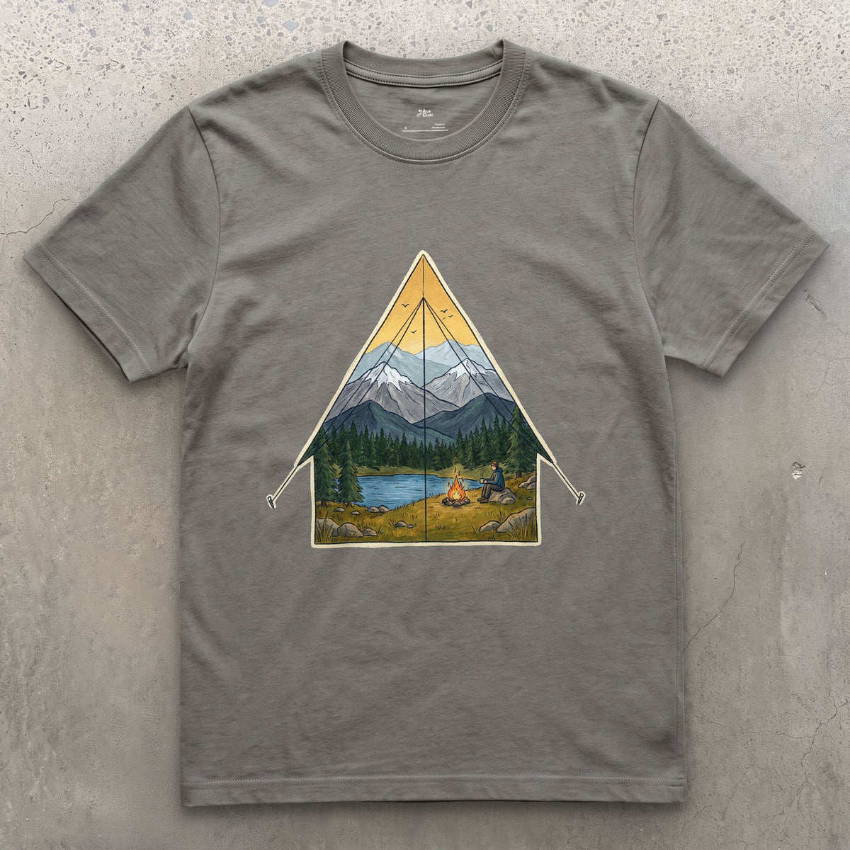 Sunrise From the Tent Door design on a Charcoal Gildan Softstyle t-shirt