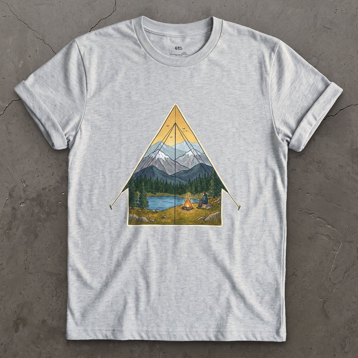 Sunrise From the Tent Door design on a Sport Grey Gildan Softstyle t-shirt