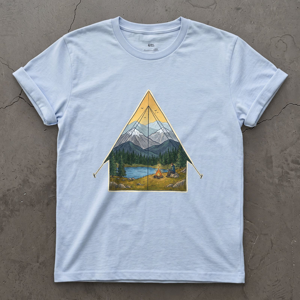 Sunrise From the Tent Door design on a Light Blue Gildan Softstyle t-shirt