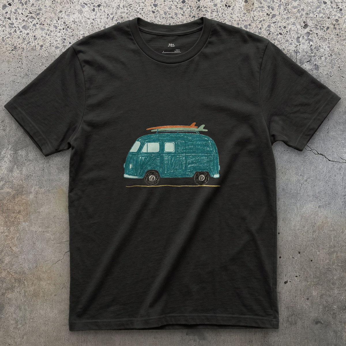 Somewhere Between Here and the Coast, Van Life design on a Black Gildan Softstyle t-shirt