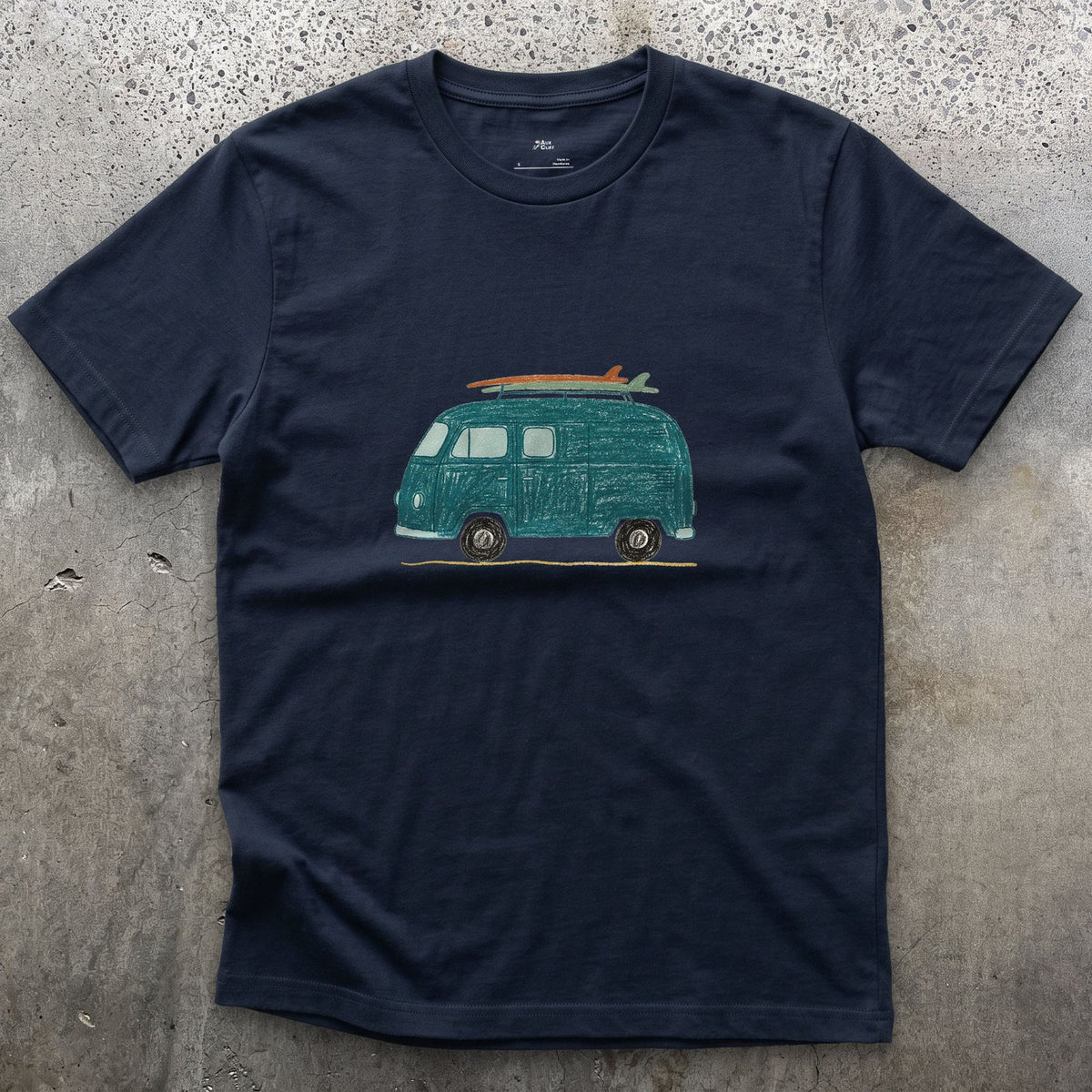 Somewhere Between Here and the Coast, Van Life design on a Navy Gildan Softstyle t-shirt