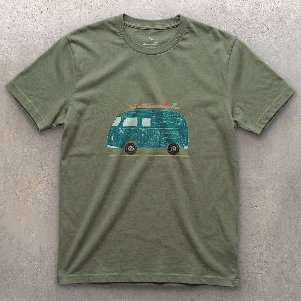 Somewhere Between Here and the Coast, Van Life design on a Military Green Gildan Softstyle t-shirt