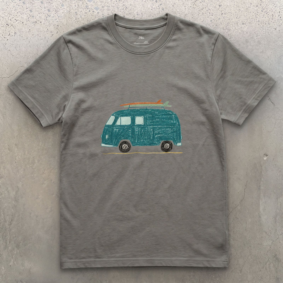 Somewhere Between Here and the Coast, Van Life design on a Charcoal Gildan Softstyle t-shirt