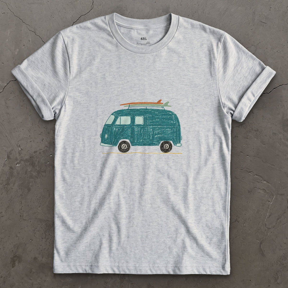 Somewhere Between Here and the Coast, Van Life design on a Sport Grey Gildan Softstyle t-shirt