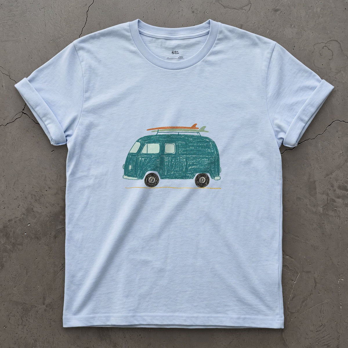 Somewhere Between Here and the Coast, Van Life design on a Light Blue Gildan Softstyle t-shirt