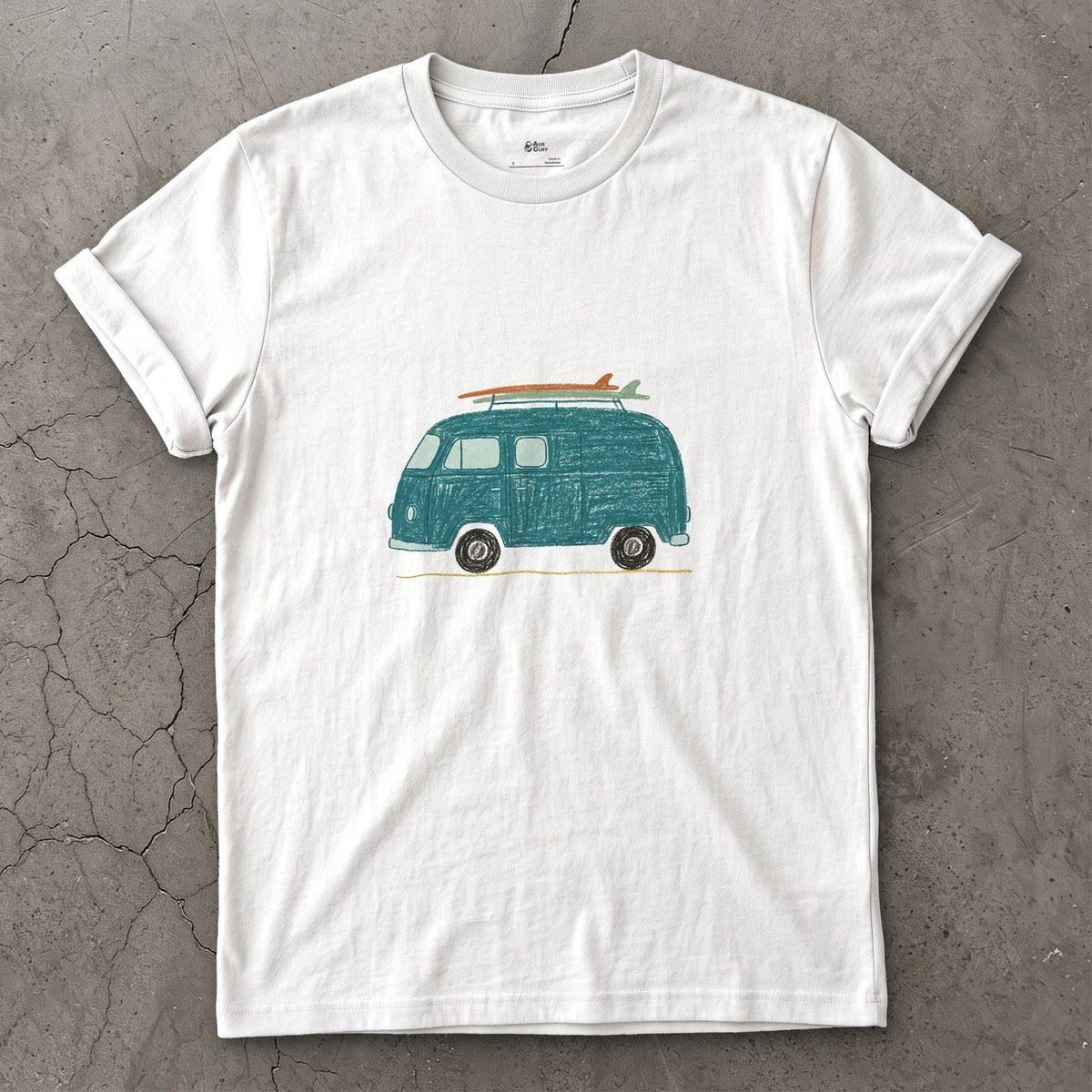 Somewhere Between Here and the Coast, Van Life design on a White Gildan Softstyle t-shirt