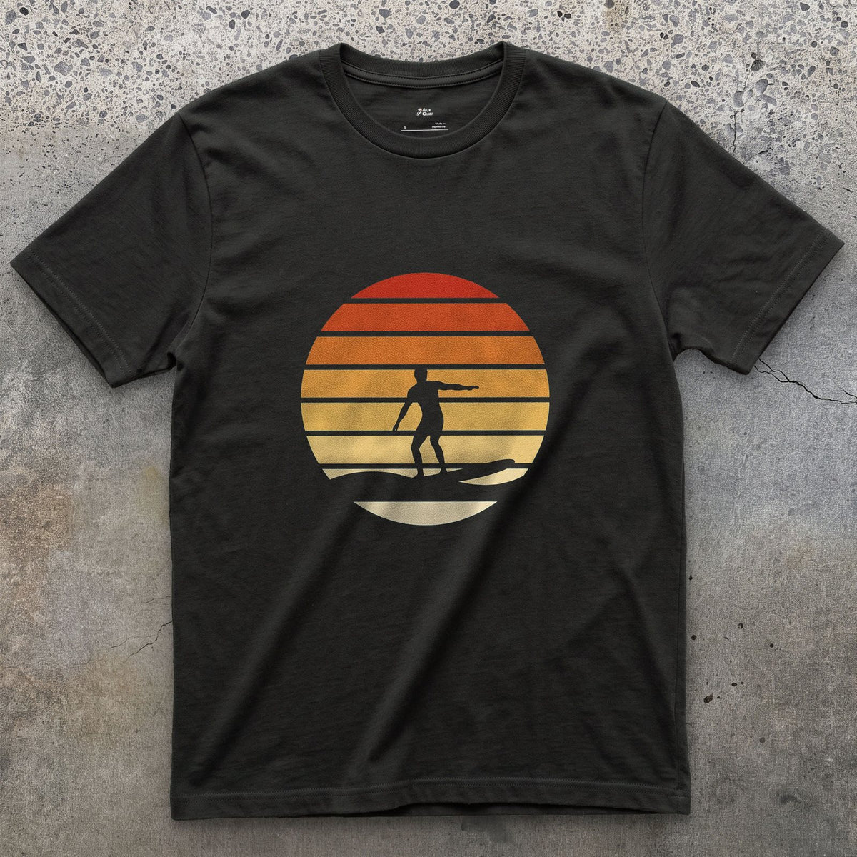 Walk Before the Wave, Retro Surfer design on a Black Gildan Softstyle t-shirt