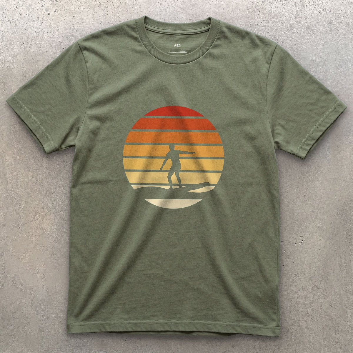 Walk Before the Wave, Retro Surfer design on a Military Green Gildan Softstyle t-shirt
