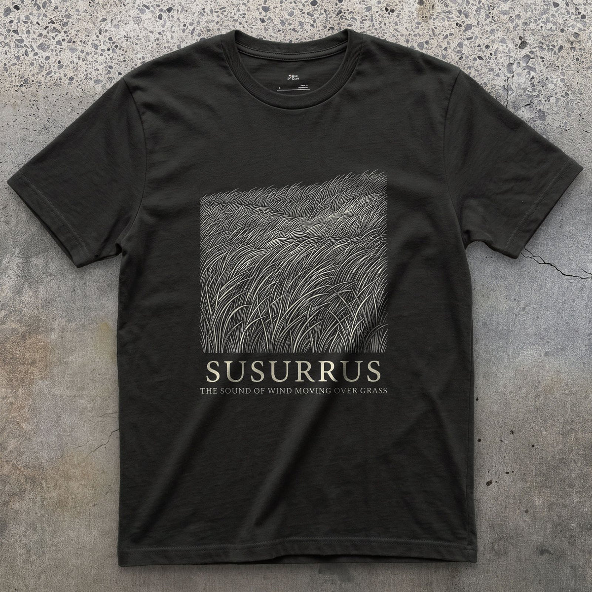 Susurrus, the Sound of Wind Moving Over Grass design on a Black Gildan Softstyle t-shirt