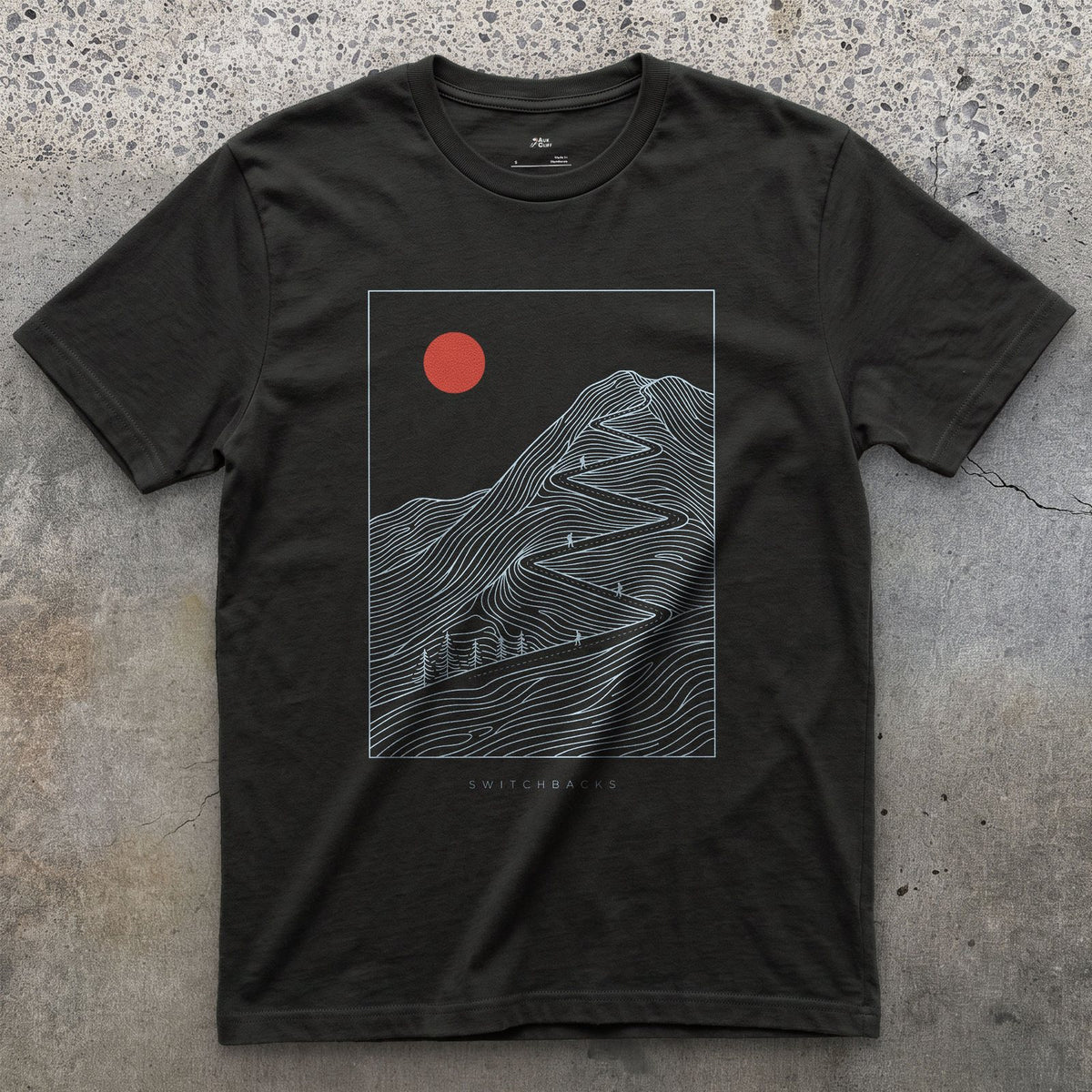 Doubling Back Along the Switchbacks Toward a Red Sun design on a Black Gildan Softstyle t-shirt