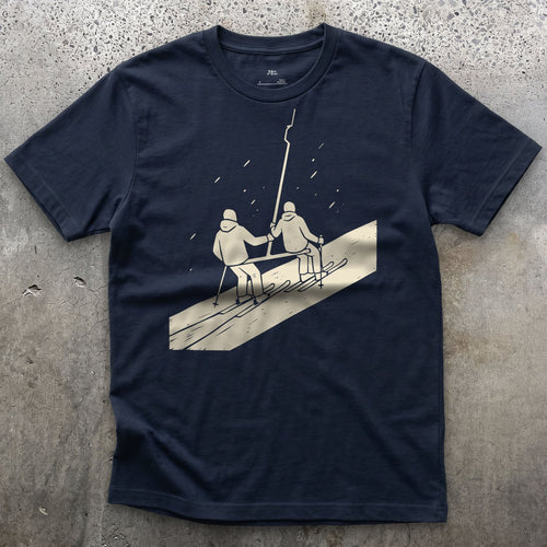 Slower Than the Chairlift But Shared All the Way Up design on a Navy Gildan Softstyle t-shirt
