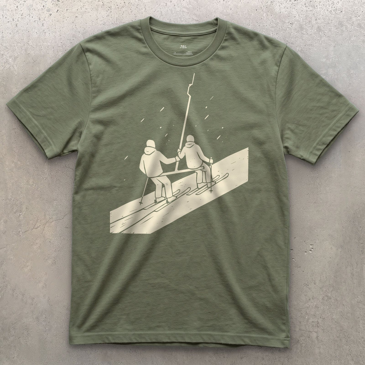 Slower Than the Chairlift But Shared All the Way Up design on a Military Green Gildan Softstyle t-shirt