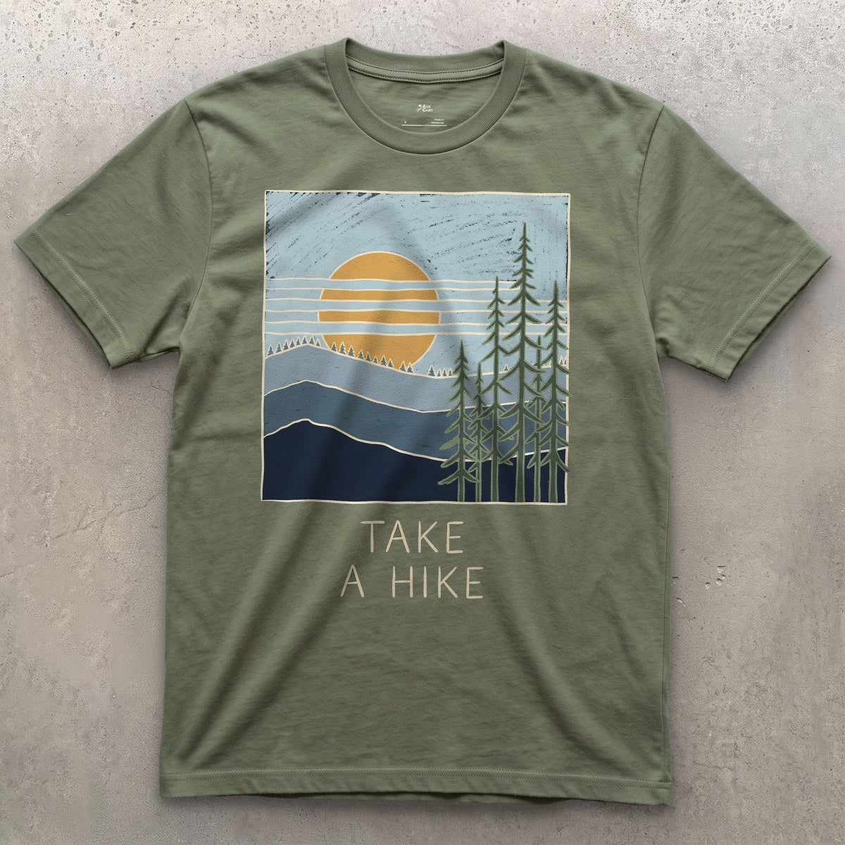 Take a Hike, Sun Over the Ridge design on a Military Green Gildan Softstyle t-shirt