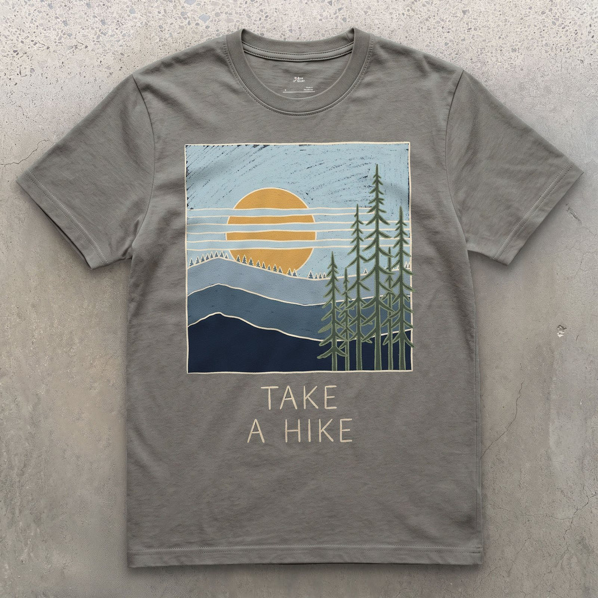 Take a Hike, Sun Over the Ridge design on a Charcoal Gildan Softstyle t-shirt