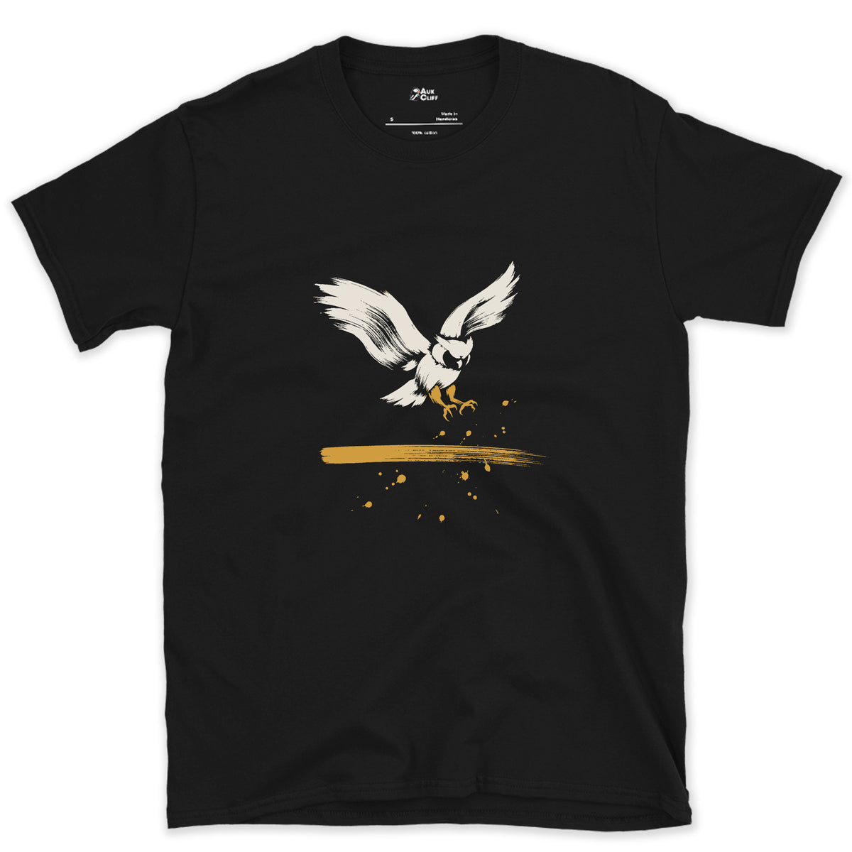 Talons First, Owl Behind design on a Black Gildan Softstyle t-shirt