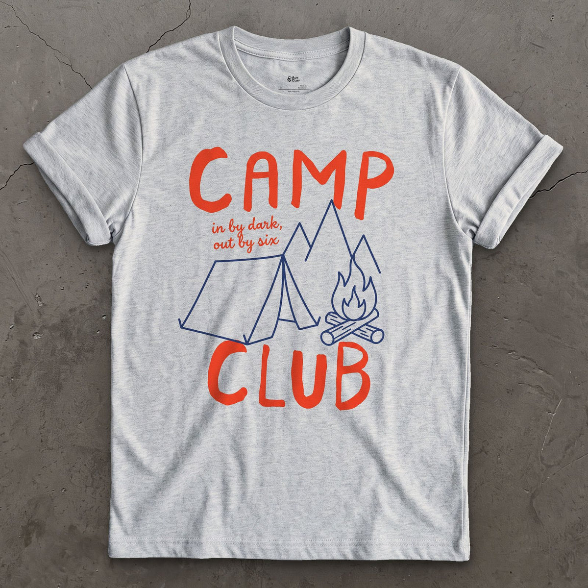 In By Dark, Out By Six, Camp Club design on a Sport Grey Gildan Softstyle t-shirt