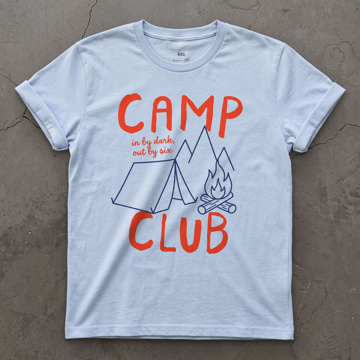 In By Dark, Out By Six, Camp Club design on a Light Blue Gildan Softstyle t-shirt