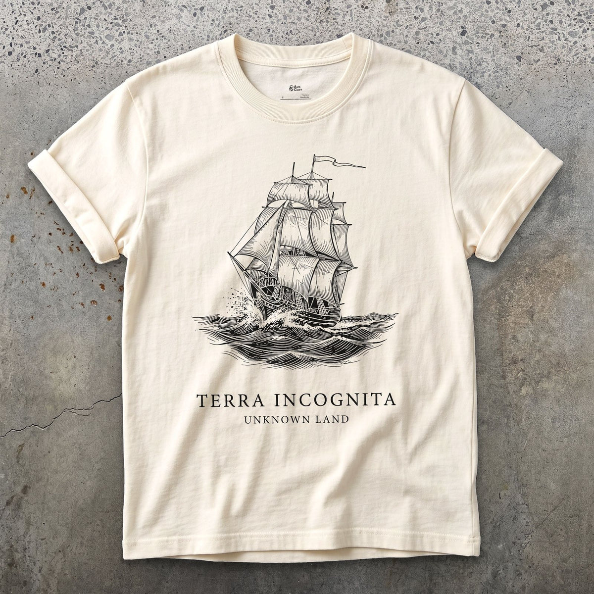 Terra Incognita design on a Natural Gildan Softstyle t-shirt