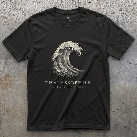 Thalassophile, a Lover of the Sea design on a Black Gildan Softstyle t-shirt