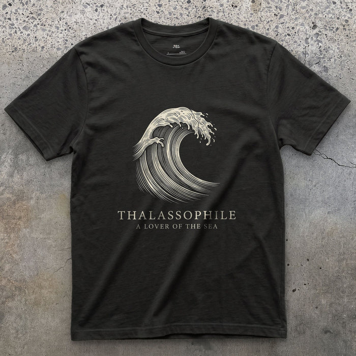 Thalassophile, a Lover of the Sea design on a Black Gildan Softstyle t-shirt