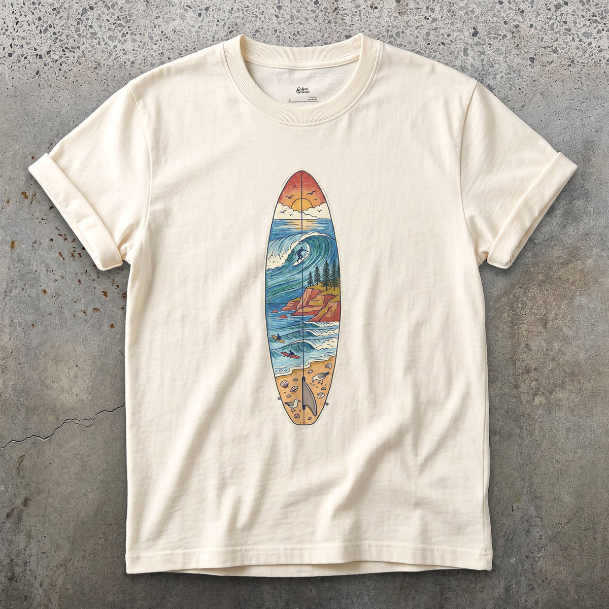 The Break Runs Down the Board design on a Natural Gildan Softstyle t-shirt