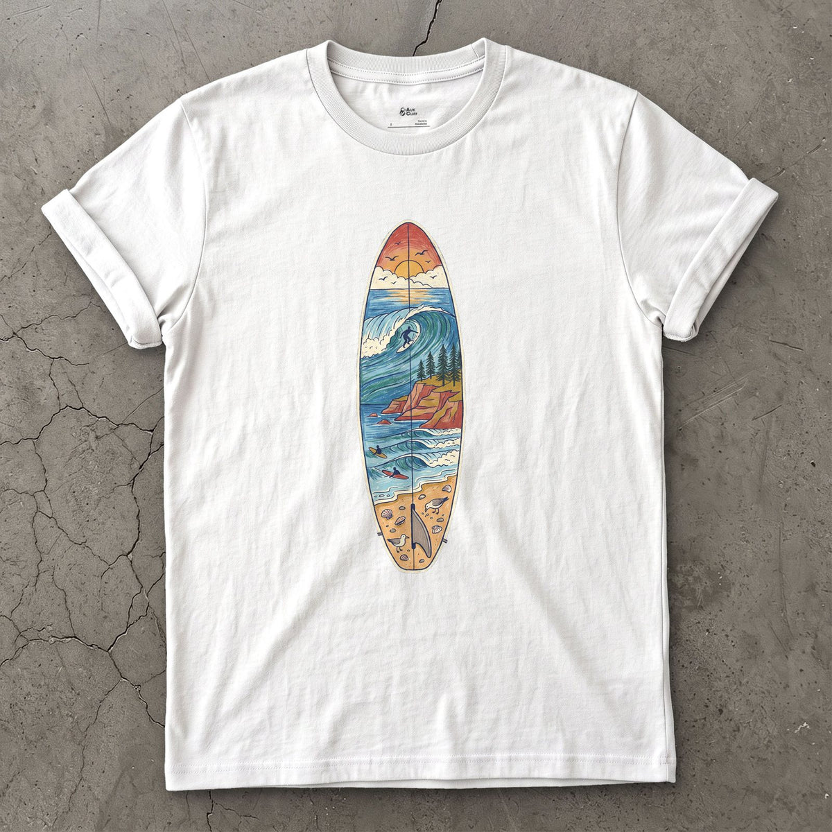 The Break Runs Down the Board design on a White Gildan Softstyle t-shirt