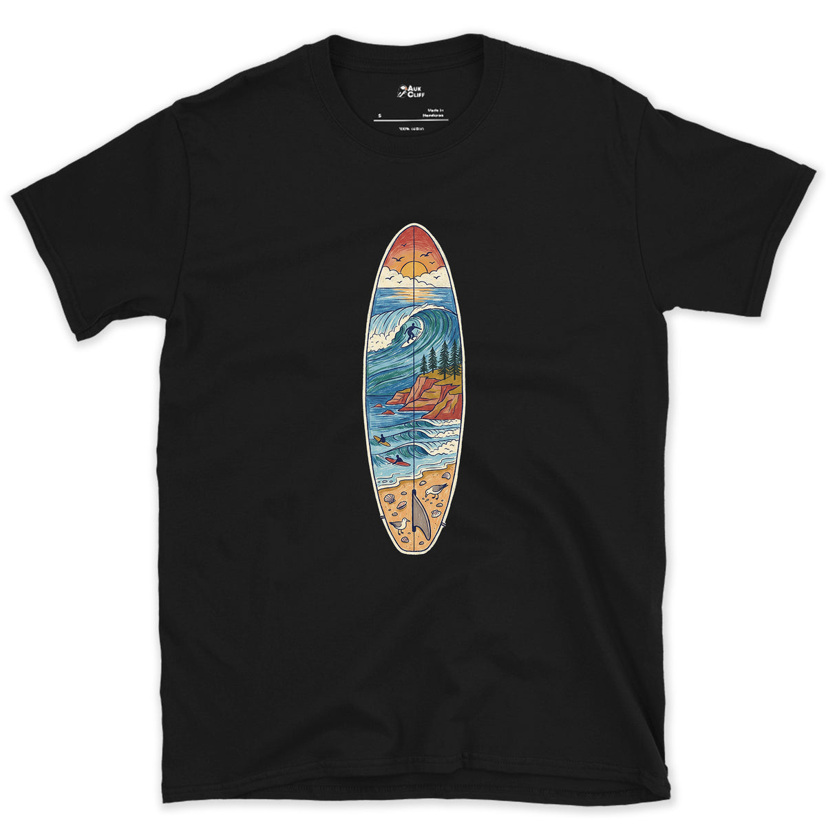 The Break Runs Down the Board design on a Black Gildan Softstyle t-shirt