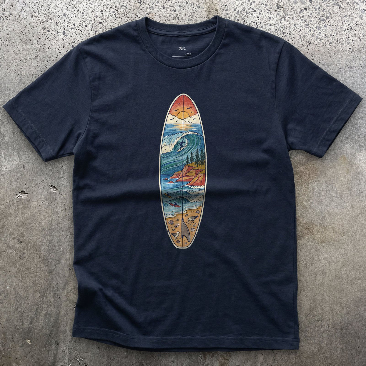 The Break Runs Down the Board design on a Navy Gildan Softstyle t-shirt