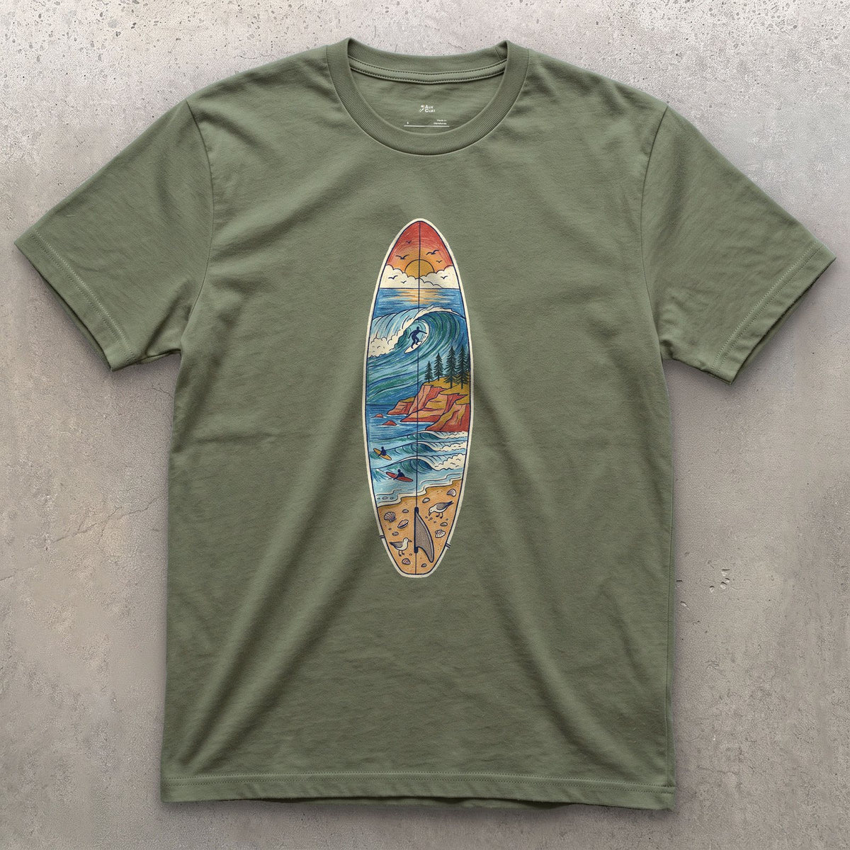 The Break Runs Down the Board design on a Military Green Gildan Softstyle t-shirt