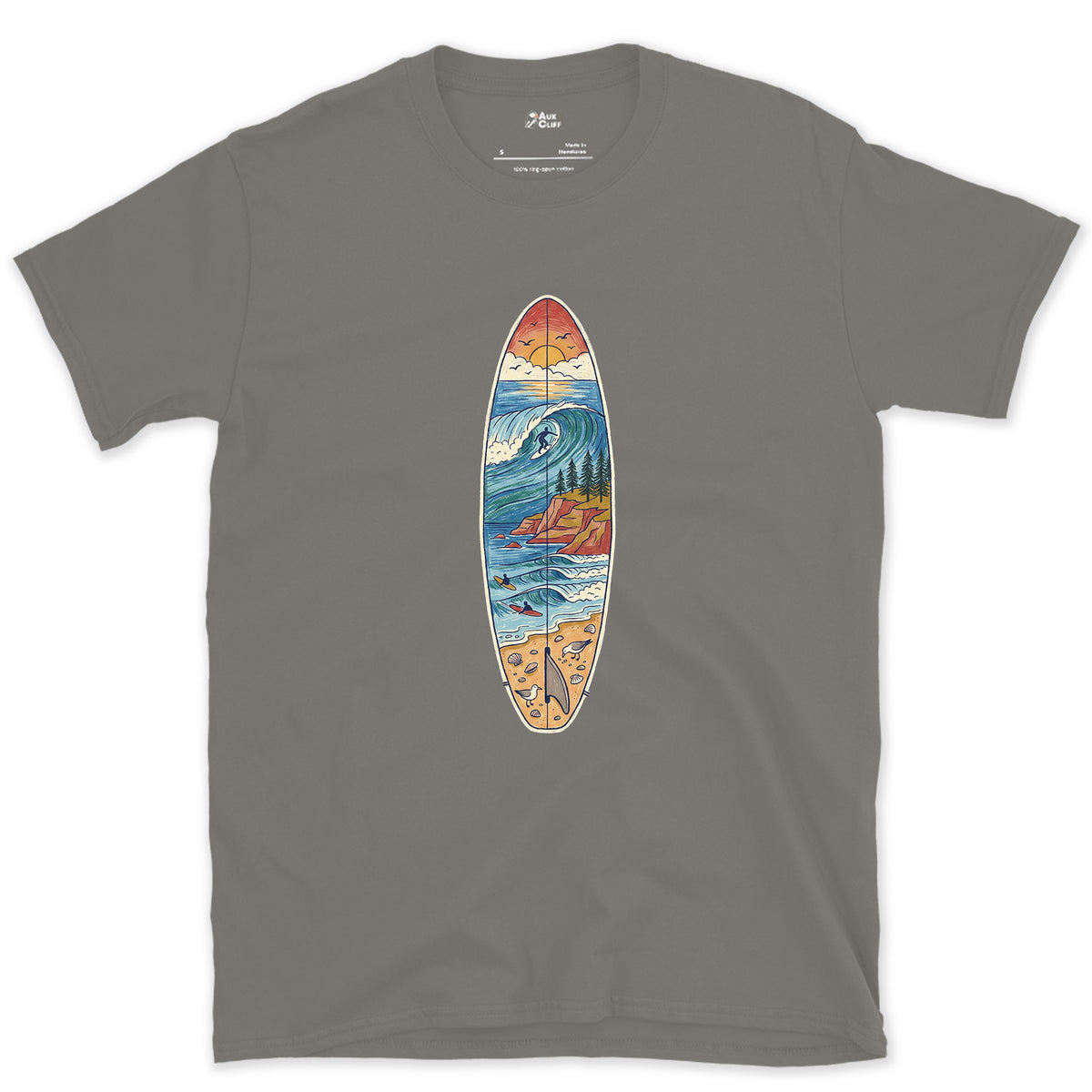 The Break Runs Down the Board design on a Charcoal Gildan Softstyle t-shirt