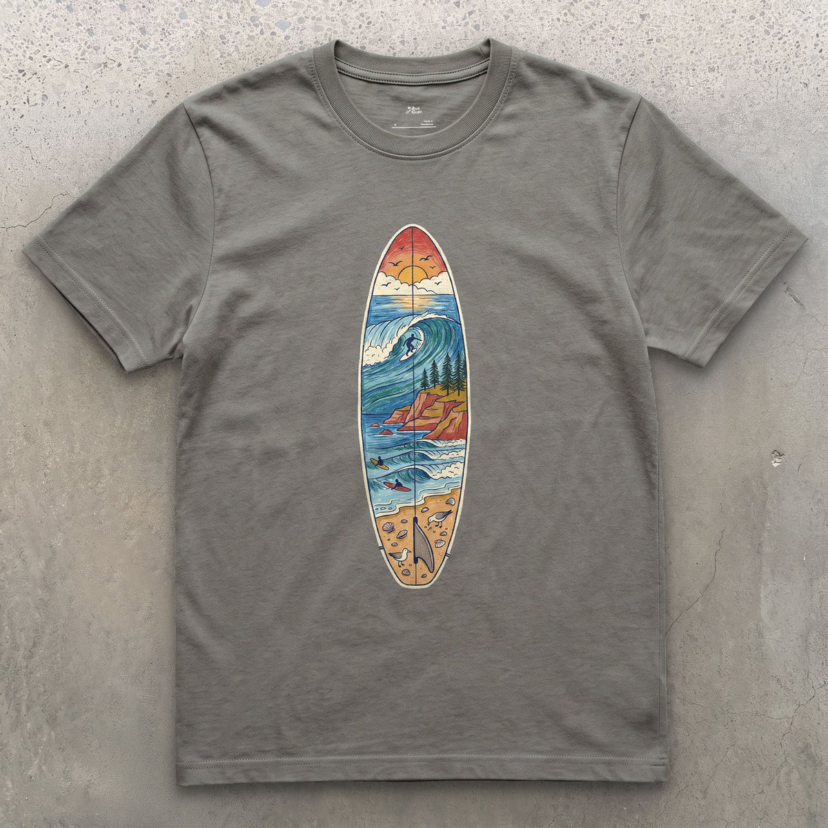 The Break Runs Down the Board design on a Charcoal Gildan Softstyle t-shirt