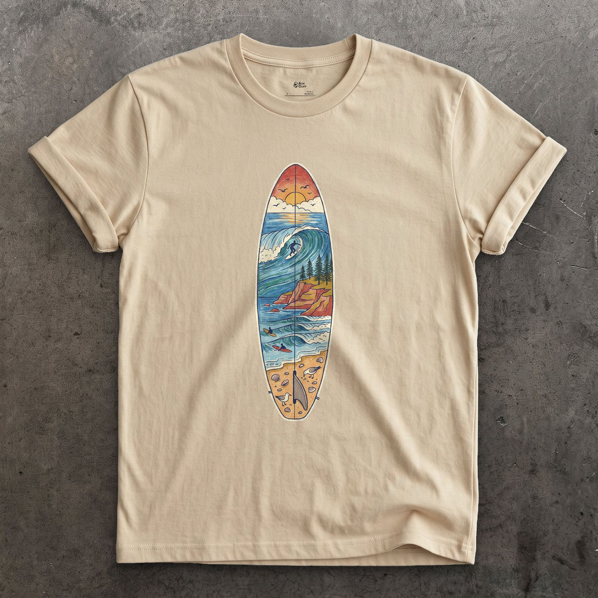 The Break Runs Down the Board design on a Sand Gildan Softstyle t-shirt