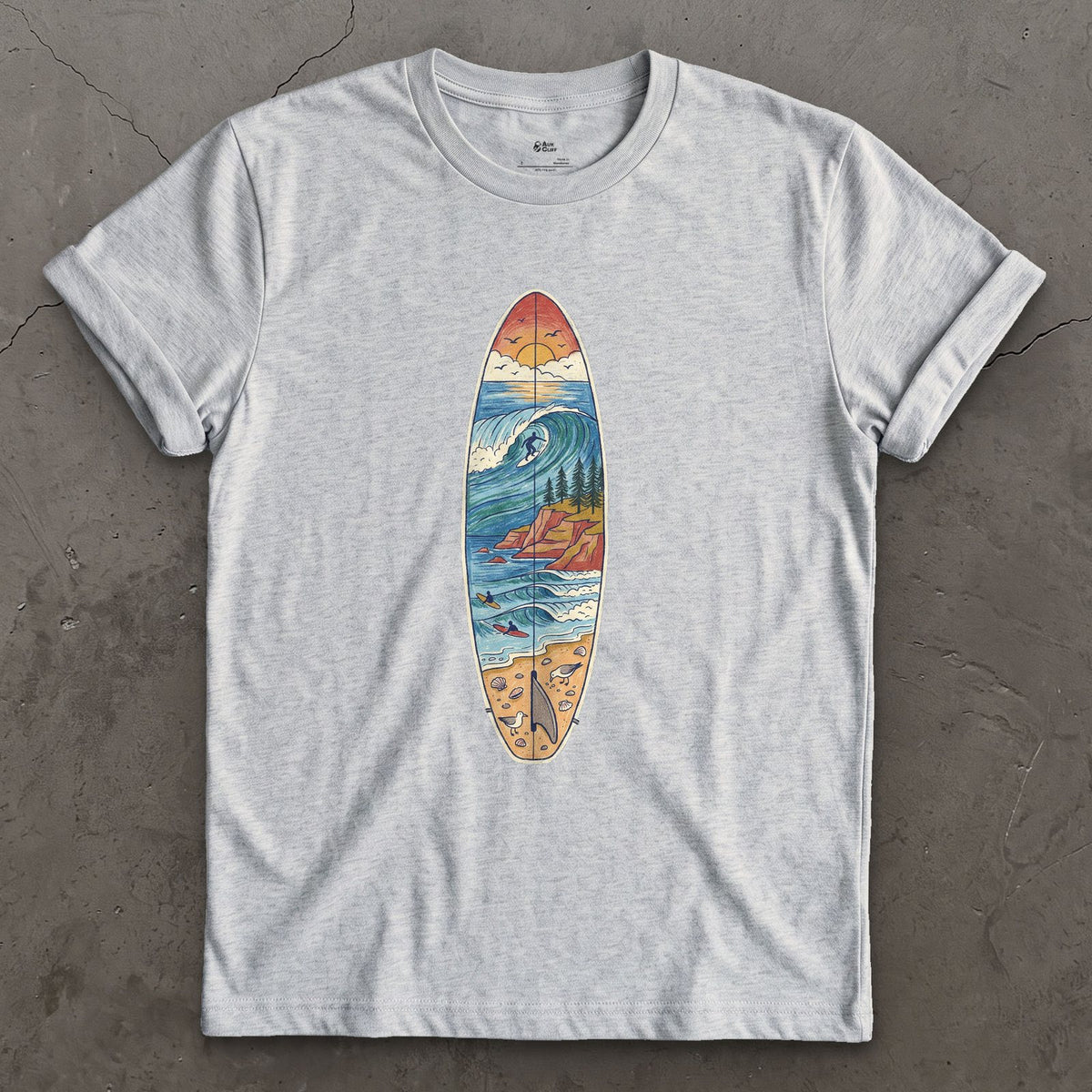The Break Runs Down the Board design on a Sport Grey Gildan Softstyle t-shirt