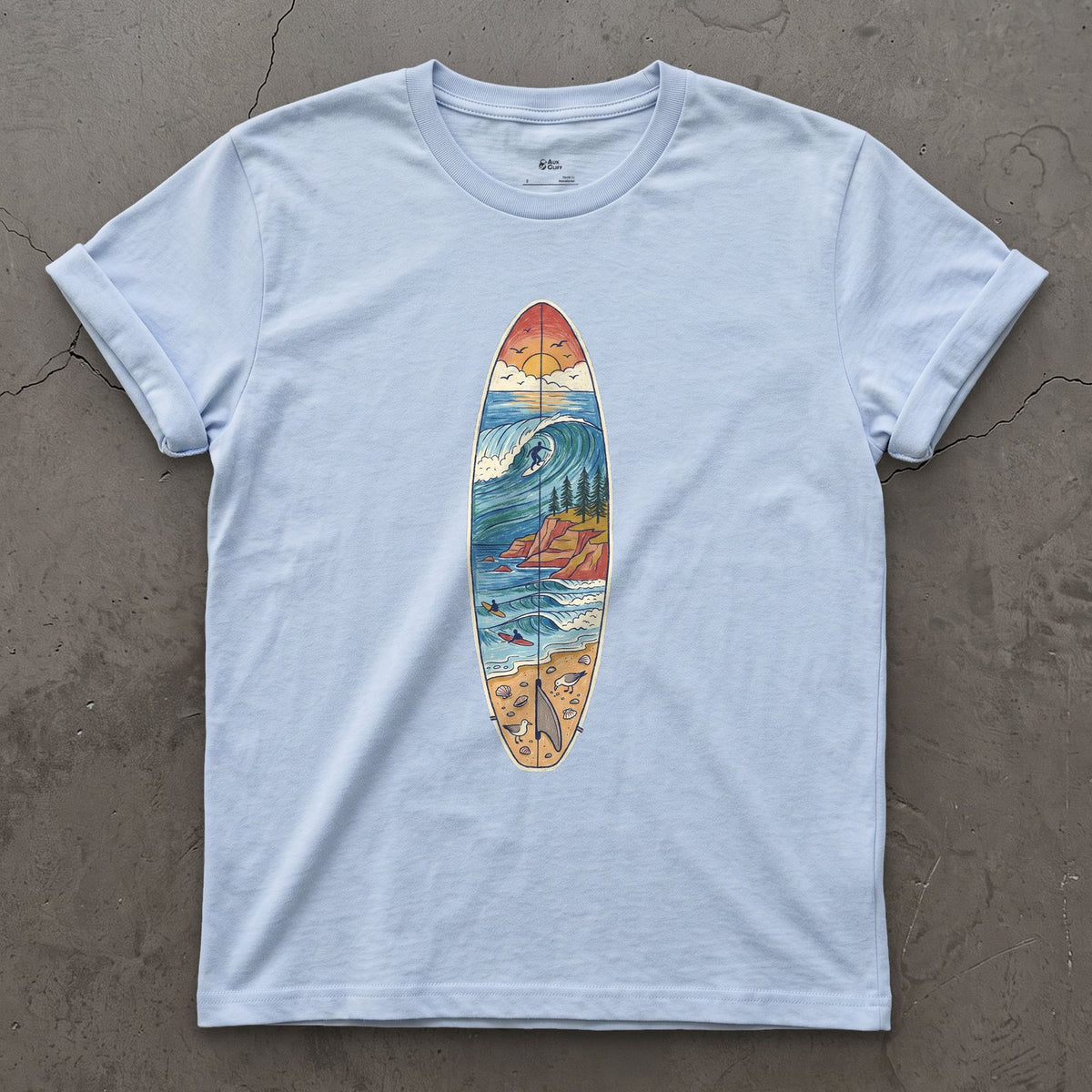 The Break Runs Down the Board design on a Light Blue Gildan Softstyle t-shirt