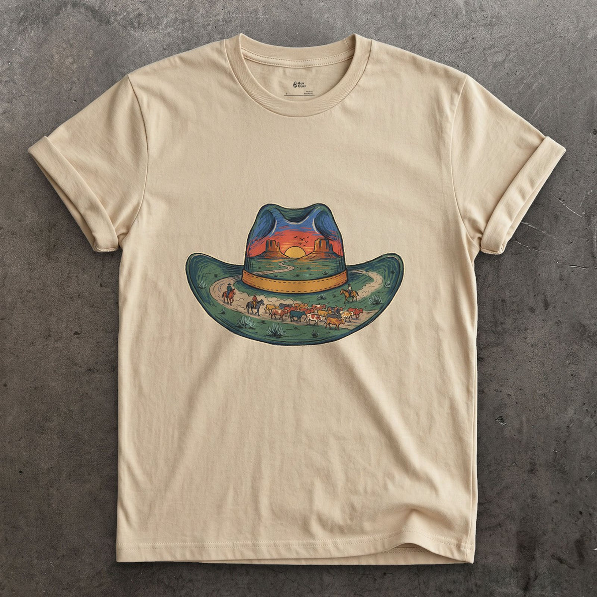 The Trail Home at Sunset, Cowboy Hat design on a Sand Gildan Softstyle t-shirt