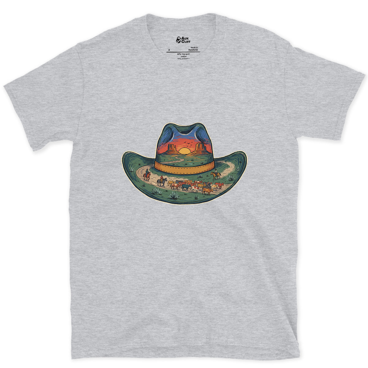 The Trail Home at Sunset, Cowboy Hat design on a Sport Grey Gildan Softstyle t-shirt