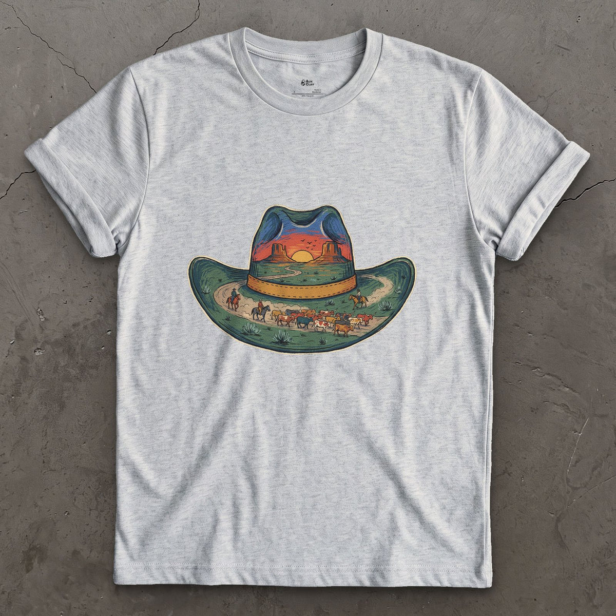The Trail Home at Sunset, Cowboy Hat design on a Sport Grey Gildan Softstyle t-shirt