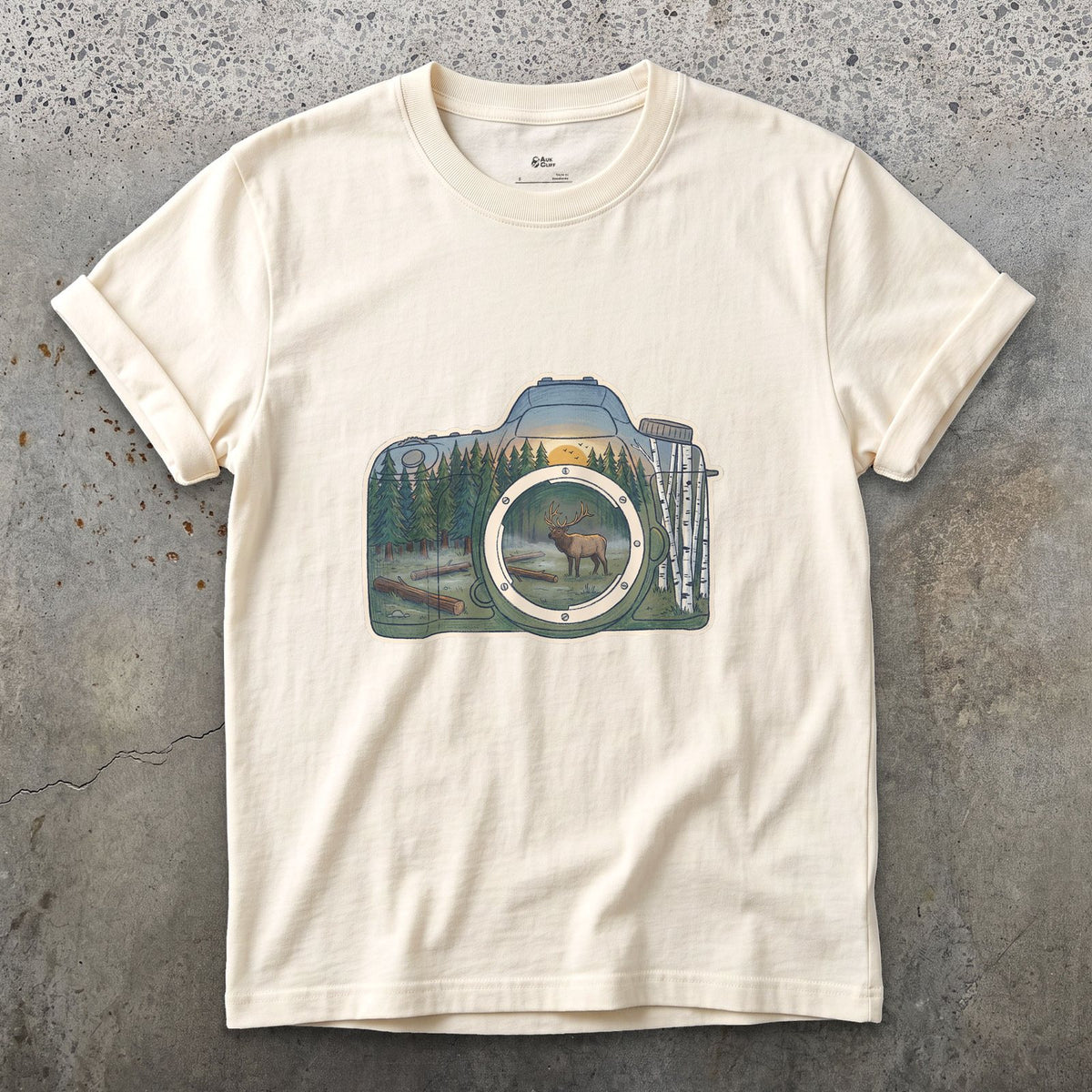 The Elk the Camera Waited For design on a Natural Gildan Softstyle t-shirt