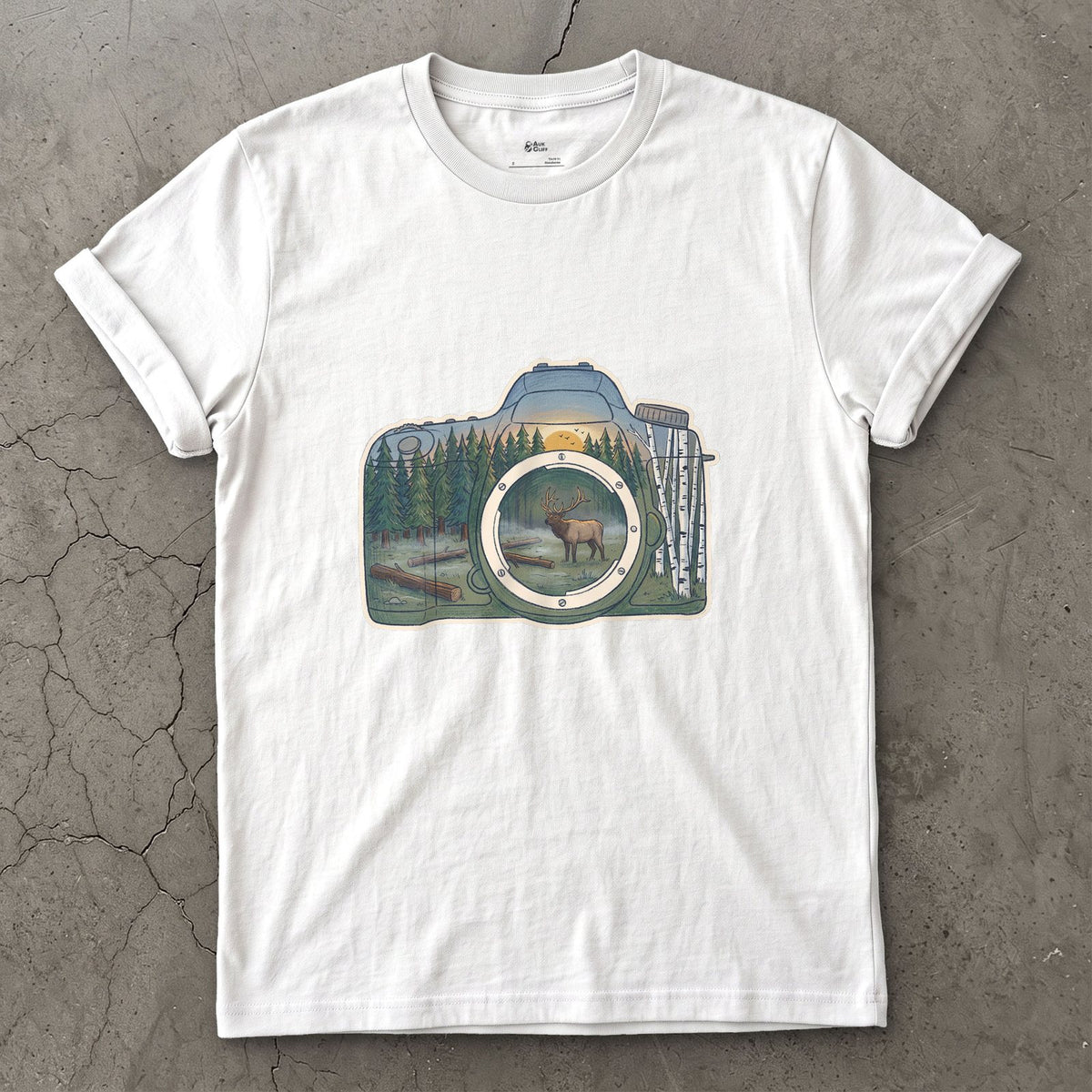 The Elk the Camera Waited For design on a White Gildan Softstyle t-shirt