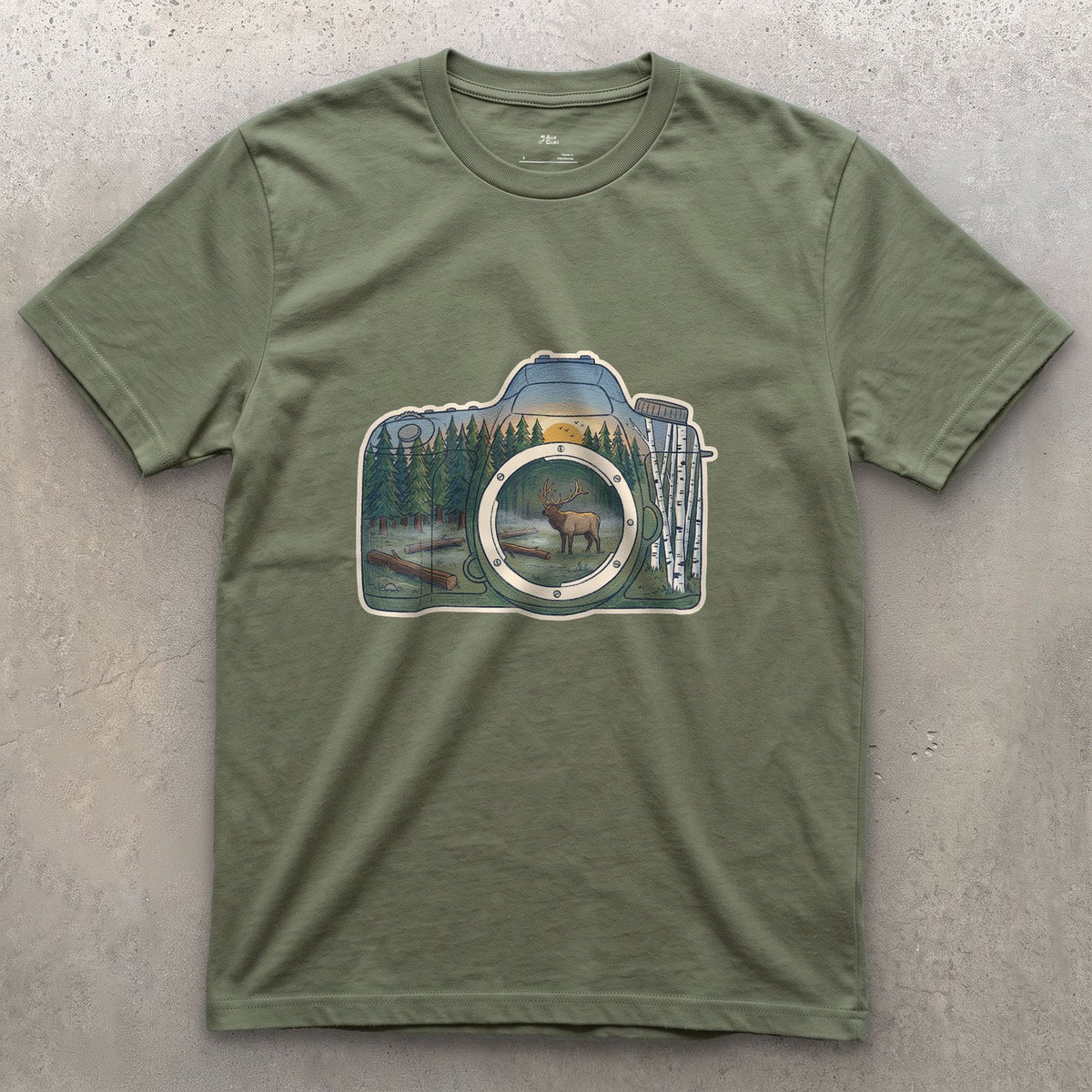 The Elk the Camera Waited For design on a Military Green Gildan Softstyle t-shirt