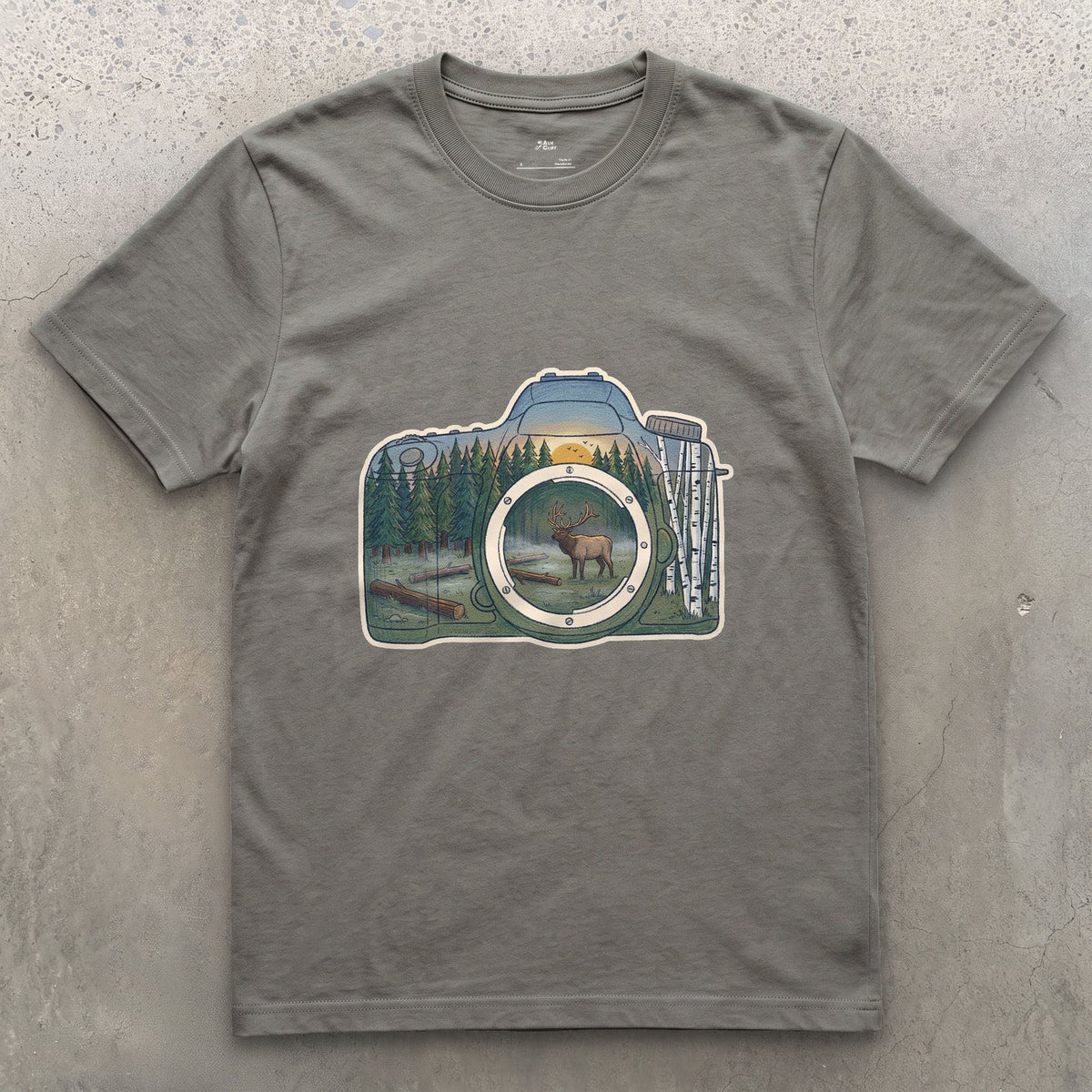 The Elk the Camera Waited For design on a Charcoal Gildan Softstyle t-shirt
