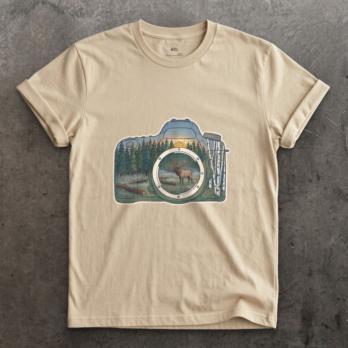 The Elk the Camera Waited For design on a Sand Gildan Softstyle t-shirt