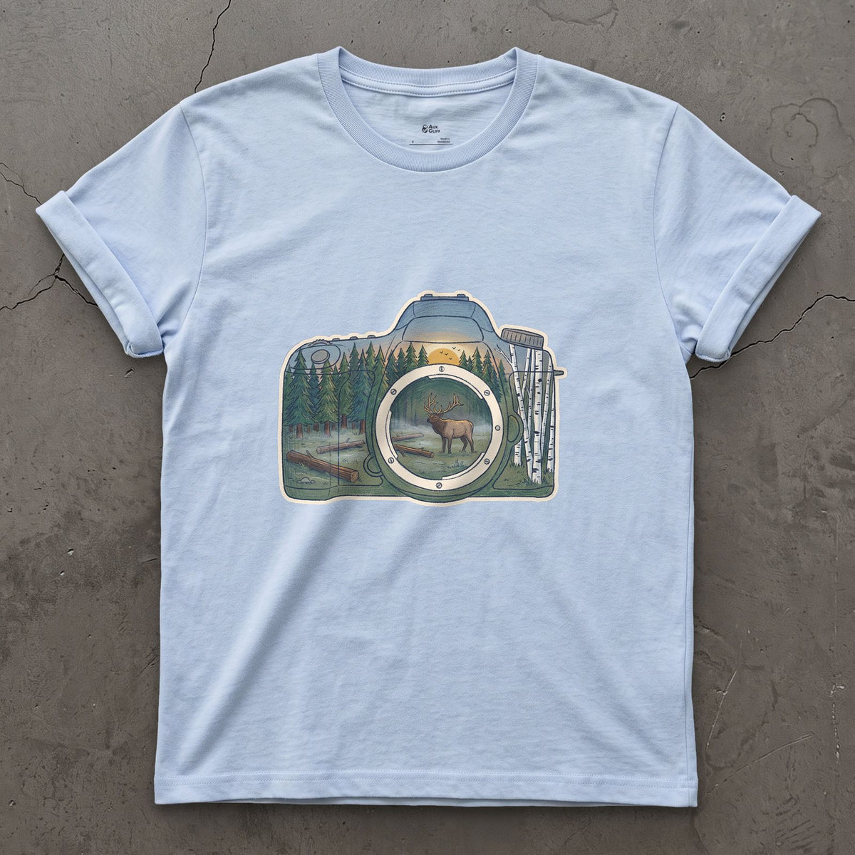 The Elk the Camera Waited For design on a Light Blue Gildan Softstyle t-shirt