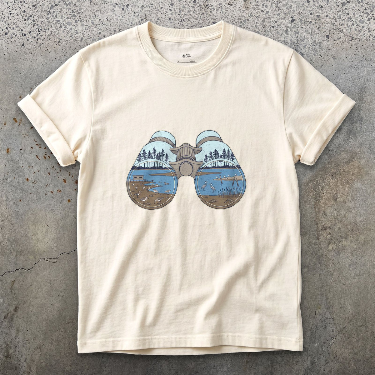 The Estuary in Both Barrels, Binoculars design on a Natural Gildan Softstyle t-shirt