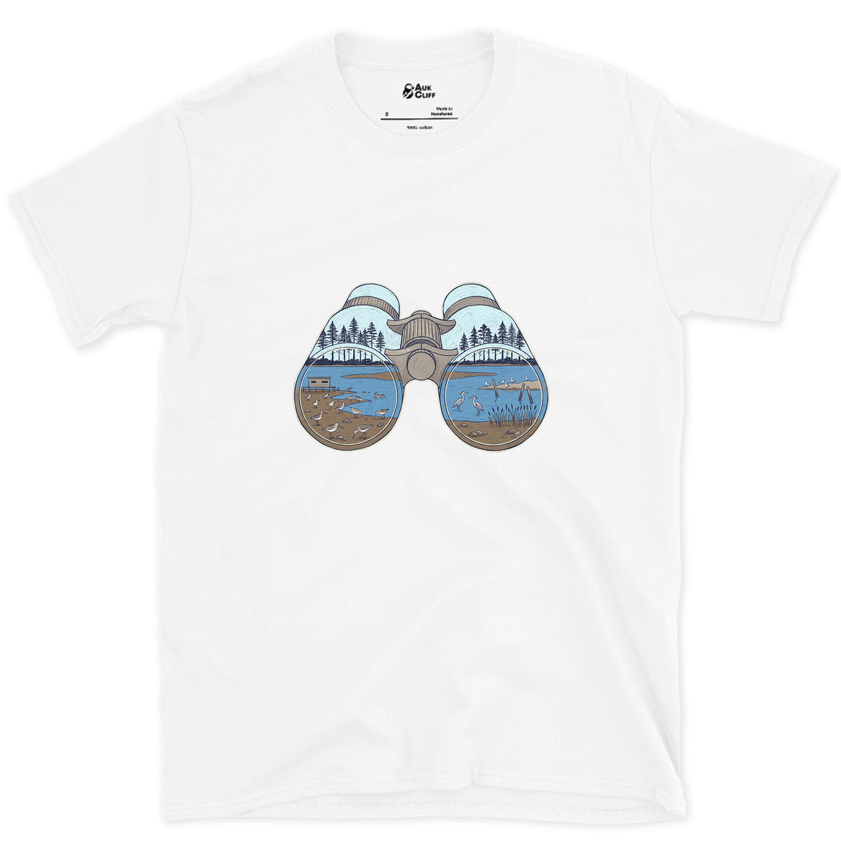 The Estuary in Both Barrels, Binoculars design on a White Gildan Softstyle t-shirt