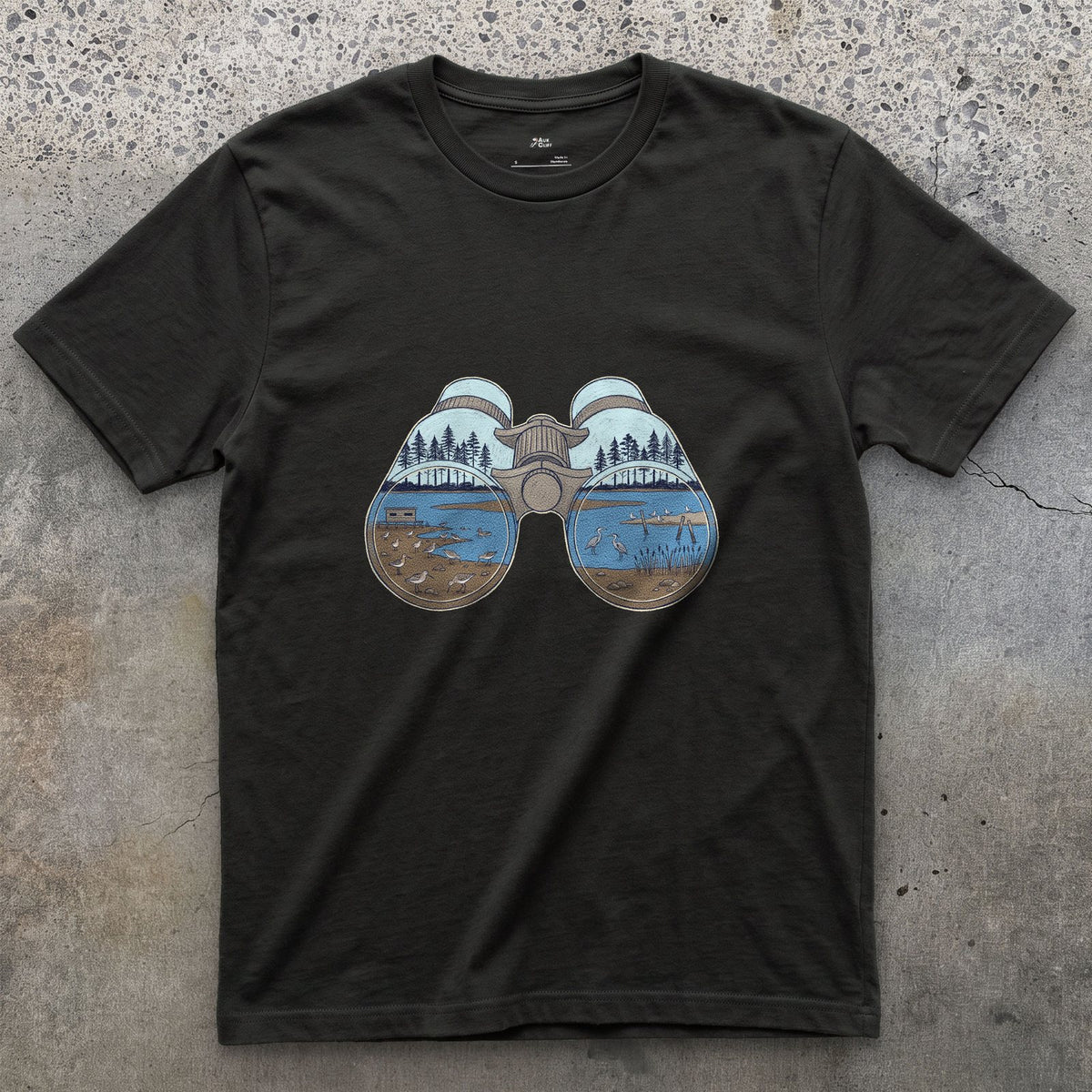 The Estuary in Both Barrels, Binoculars design on a Black Gildan Softstyle t-shirt