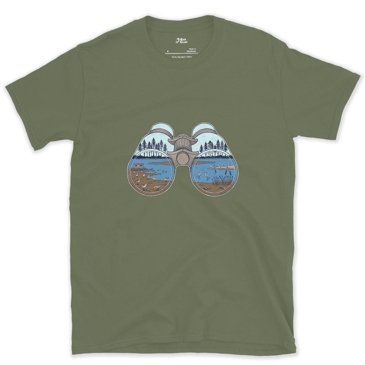 The Estuary in Both Barrels, Binoculars design on a Military Green Gildan Softstyle t-shirt