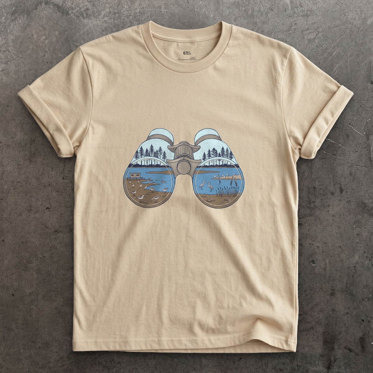 The Estuary in Both Barrels, Binoculars design on a Sand Gildan Softstyle t-shirt