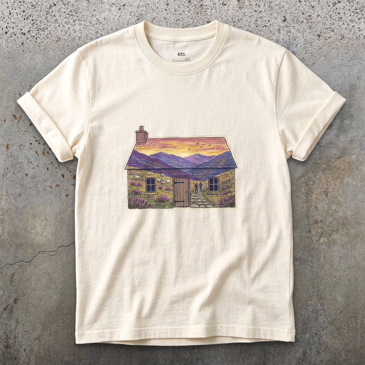 The Glen Outside the Bothy design on a Natural Gildan Softstyle t-shirt