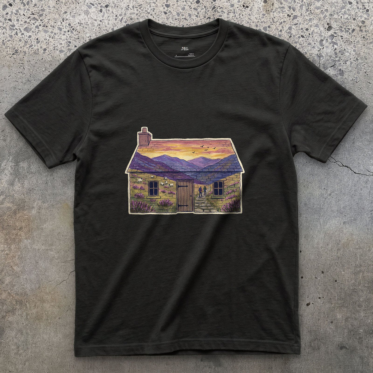 The Glen Outside the Bothy design on a Black Gildan Softstyle t-shirt
